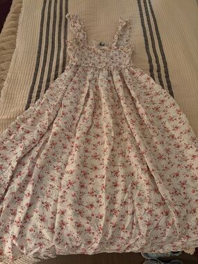Cream Floral Ruffle-Strap Dress with Pink Rose Print